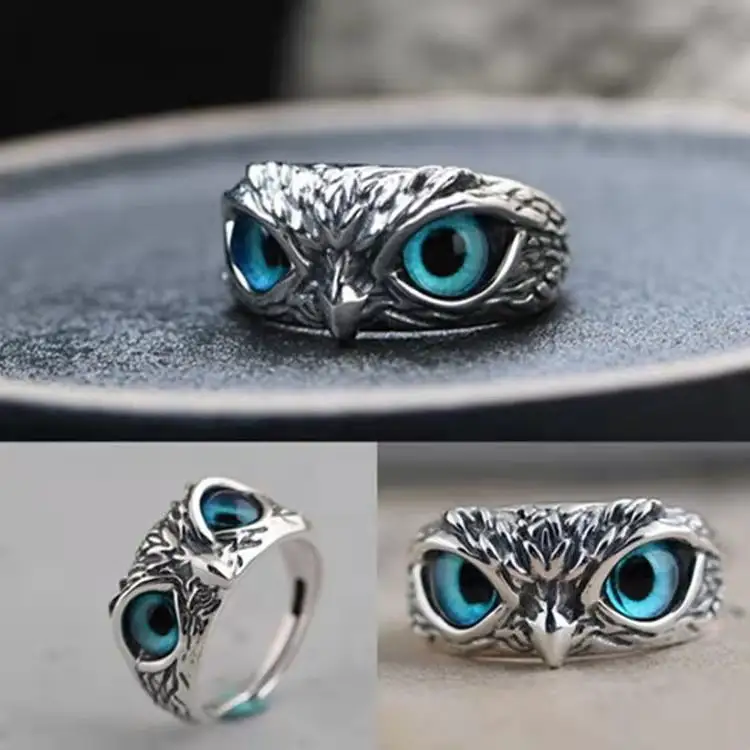 Fashion Punk Cute Blue Eyes Owl Ring Vintage Silver Plated Animal Eagle Couple Wedding Rings Engagement Jewelry Women Gifts