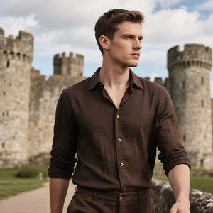Camisa de Manga Larga Informal de Lino/Algodón Sarga Transpirable Personalizada para Hombre al por Mayor - Product Image 2