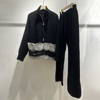Ensemble pantalon et pull en tricot pour femme, cardigan à col haut zippé, pantalon ample à jambes larges avec bordure en fourrure de lapin Rex, hiver