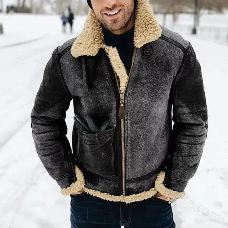 Men Shearling Sheepskin Coat with Thick Lapel Outdoor Biker Motorcycle Leather Jackets