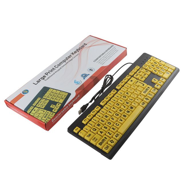 New Full Size USB Wired Yellow Keyboard with Large Print Font Bold Plug Play for Visually Impaired Elderly Short-sighted People