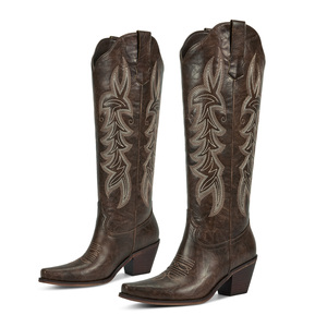 WETKISS Ingrosso 2026 Stivali Alti da Donna Vintage Ricamati Eleganti in PU con Punta Affusolata Stivali al Ginocchio con Tacco Grosso Stivali da Cowboy da Donna - Product Image 4
