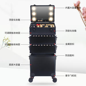 Valise de maquillage professionnelle avec miroir LED, grande capacité de rangement, pour usage domestique, rectangulaire, couleur unie, roulettes pivotantes - Product Image 3