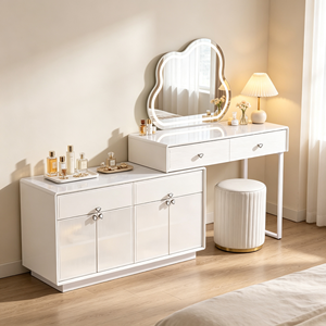 Coiffeuse moderne blanche avec miroir LED Cloud, meuble de rangement et tabouret pour chambre à coucher - Product Image 3
