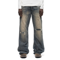 Jeans en denim ample à jambe large pour homme, style japonais, délavé, vieilli, déchiré, ourlet effiloché, design de patch