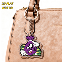 Porte-clés en acrylique motif sac d'argent violet de dessin animé, drôle, avec signe dollar et billets verts, design à bords transparents