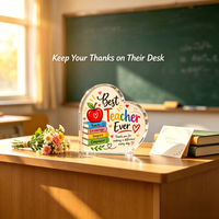 Plaque en acrylique transparente en forme de cœur avec support de présentation, motif imprimé livre, crayon, arc-en-ciel, pour décoration de bureau d'enseignant ou de salle de classe