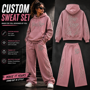 Ensemble de survêtement personnalisé pour femme avec strass, sweat à capuche oversize et pantalon large, motif flamme en cristal, tenue streetwear deux pièces - Product Image 1