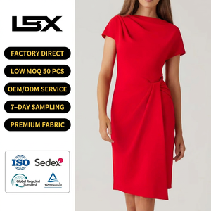 Elegante Abito Midi Casual da Donna Rosso Tinta Unita 2025 con Maniche a Cappuccio, Collo Tondo, Dettaglio Intrecciato, Orlo Asimmetrico, Slim Fit con Cerniere Naturali - Product Image 1