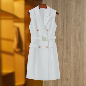 Robe mini formelle sans manches pour femme, unie, à taille naturelle, boutonnée, imprimée numériquement, à double boutonnage, avec ceinture, tendance - Product Image 6