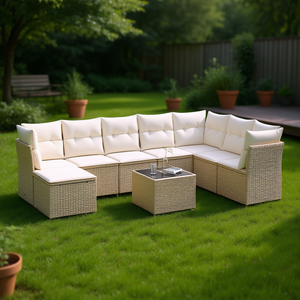 Ensemble de canapés de jardin en rotin beige crème blanc, 6 places, meubles d'extérieur résistants aux intempéries, design contemporain - Product Image 2