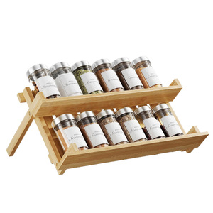 Étagère à épices en bois à 2 niveaux, rangement de bureau pour comptoir de cuisine, organisateur d'assaisonnements, couleur naturelle, couvercle en métal - Product Image 5