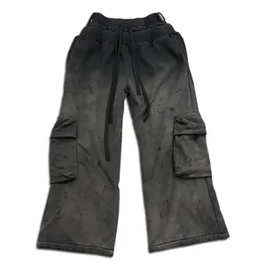 Personalizado cintura dupla carga streetwear calças soltas moletom pesado folgado pesado lavagem ácido vintage flare suor empilhadas calças homens