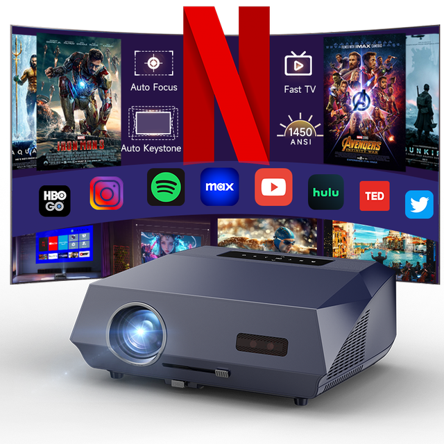 Smart Auto Focus LCD Projector 1800ANSI 1080P Full HD 4K Ready HIFI Stereo Fast TV with Live App 4D Keystone Wi-Fi 6