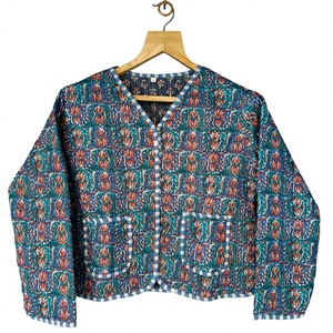 Handmade Teal Floral Quilted <b>Jacket</b> Women Cotton <b>Kantha</b> Style <b>Jacket</b> Boho Short Coat Printed Reversible <b>Jacket</b> Ethnic Winter - Product Image 1