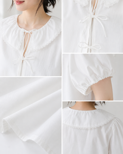 Elegante Blusa Blanca con Cuello Peter Pan, Mangas Abullonadas y Lazo Frontal para Moda Coreana - Product Image 4