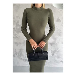 Vestido Largo Ajustado de Punto Acanalado con Cuello Alto para Mujer, Cintura Natural 135 cm, Estilo Modesto - Product Image 2