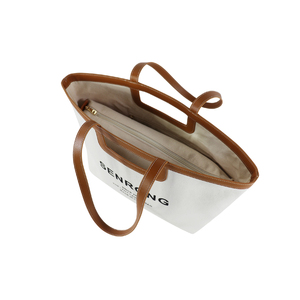 Beige <b>Canvas</b> <b>Shopper</b> Bag with Tan Faux Leather Trim and Long Strap Zippered Compartment Ladies Commuter Handbag with Logo - Product Image 5