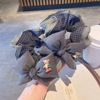 Chouchou pour femme extra large, style coréen rétro, à carreaux gris, avec nœud en dentelle, fait main, haute élasticité, style féerique, marque SR, pour chignon