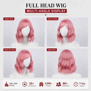Peluca sintética ondulada rosa empolvado <span class=keywords><strong>de</strong></span> 12 pulgadas con flequillo lateral, resistente al calor, <span class=keywords><strong>para</strong></span> uso diario y cosplay, peluca completa <span class=keywords><strong>para</strong></span> <span class=keywords><strong>mujer</strong></span>, venta al por mayor - Product Image 2