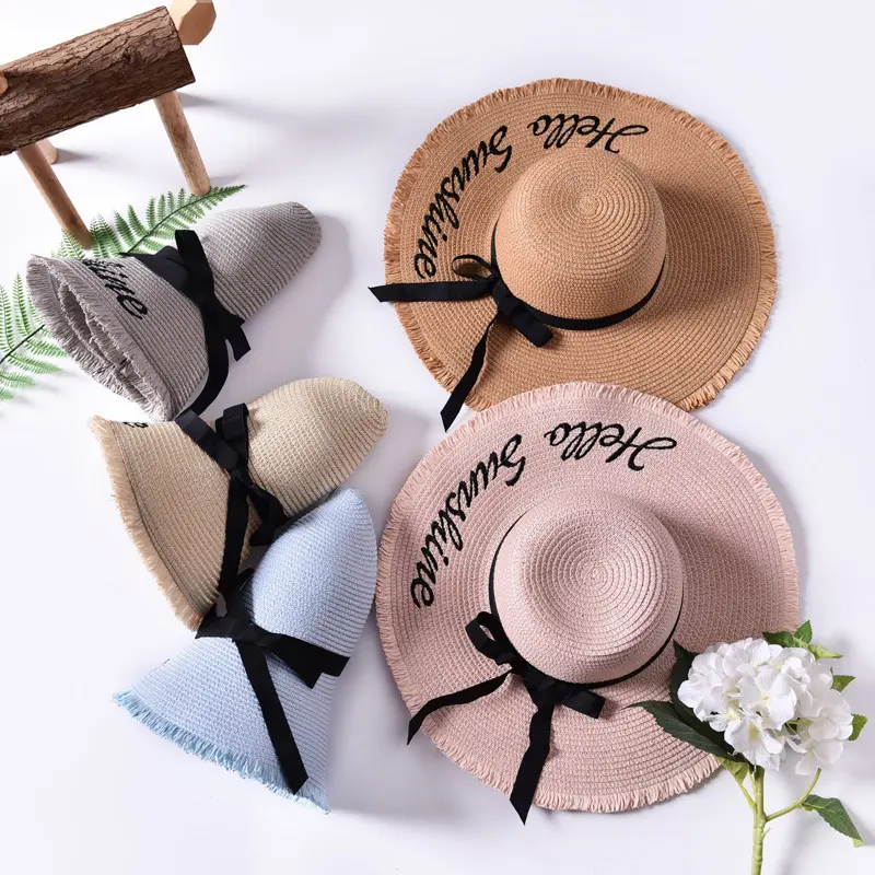 Wholesale Ladies Summer Hats With Wide Brim Embroidered Custom Summer Beach Sun Floppy Paper Straw Hat For Women