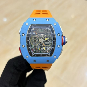 Montre mécanique squelette automatique chronographe à secondes partagées style Tonneau en fibre de carbone, bracelet en caoutchouc, modèle Blue Orange RM 65-01 - Product Image 1