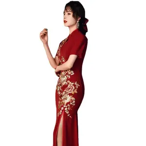 Elegant Red Chinese Traditional Wedding Fishtail Cheongsam Ladies Evening Dresses Long Embroidery Qipao Dresses