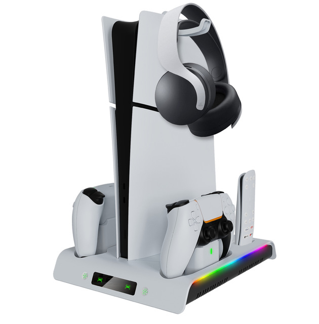 All in 1 for PS5 Slim Console Cooling Fan Base for PS5 Two Controllers Charging Stand Disc Headphone Storage Rack RGB Lighting