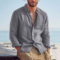 Fournisseur de vêtements impression personnalisée brodée col boutonné hommes solide vierge Vintage coton lin chemise habillée pour hommes