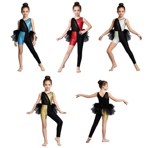 Justaucorps scintillant pour filles avec jupe en tulle, paillettes, plissé asymétrique en maille, une jambe, costume de danse pour récital et compétition, personnalisable - Product Image 1