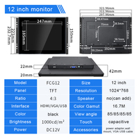 Monitor de pantalla táctil industrial de 12 pulgadas 1000nit alto brillo 1024*768 marco abierto VESA Panel plano pantalla LCD de montaje impermeable