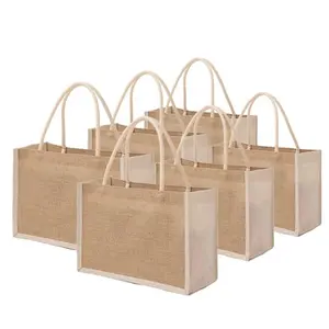 Оптовая продажа, натуральная Экологически чистая многоразовая сумка-тоут из ламинированного льна для пляжа, покупки продуктов, джута