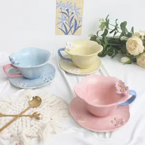 Hand painted 3D flower milk tea cups colored ceramic tea cups & saucers set porcelain coffee cup set