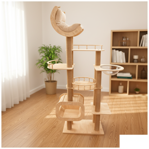 Çevre Dostu Çok Katmanlı Sisal MDF Masif Ahşap Modern Kedi Yuvası Kedi Ağacı Entegre Uzay Kapsülü Tasarımı 4 Katlı Kedi Kartonu - Product Image 1