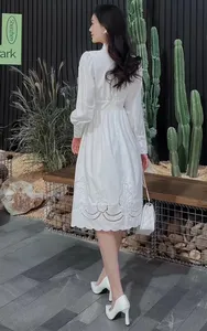 Abito da donna di alta qualità 2024 abiti primavera estate da donna lussuoso ricamo tunica con bottone manica lunga abito bianco rosa rossa - Product Image 4