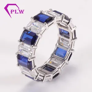 Lab สร้าง Sapphire Moissanite Emerald Cut 4X6มม.แหวนวงดนตรี Eternity 585กะรัตสีขาวทองวันเกิดของขวัญผู้หญิง