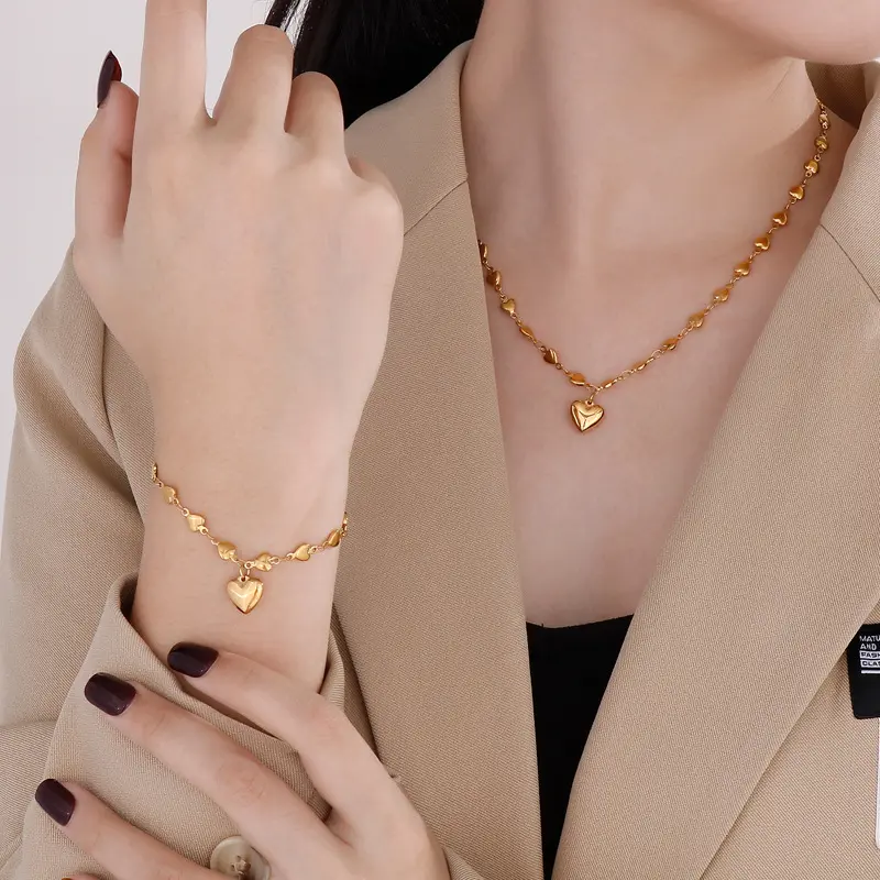 High Quality Luxury Women Jewelry Set 18K Gold Wedding Necklace Bracelet Stainless Steel Heart Chain Jewelry sets