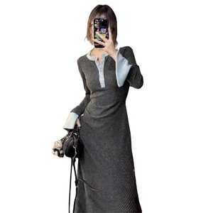 High Waisted Gray Long Sleeve Sweater Dress Round Neck A Line Contrast Color Solid Pattern Autumn Winter Women's Dress - Product Image 5