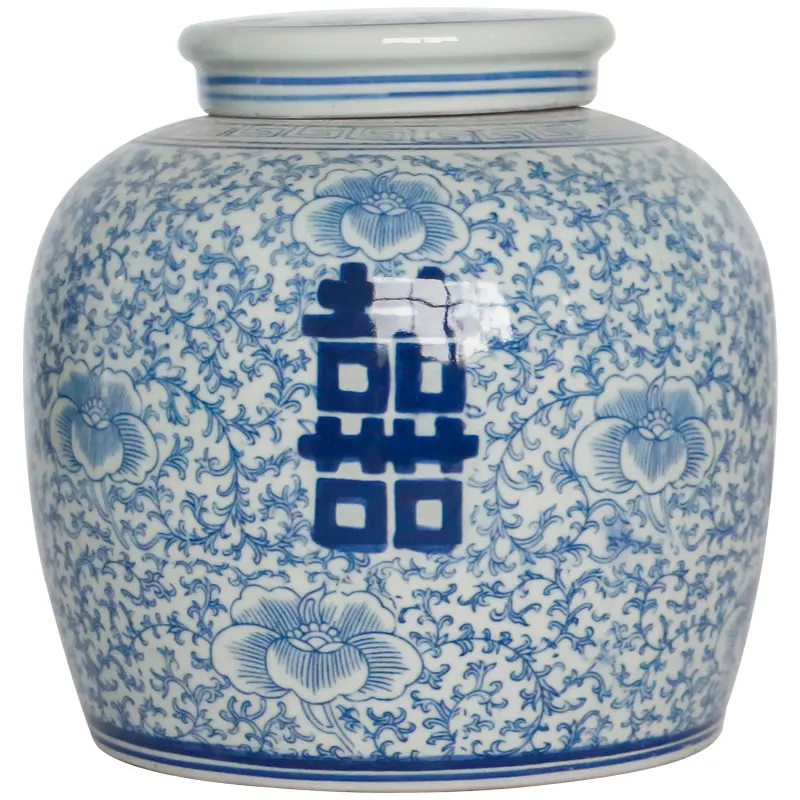 Jarra de almacenamiento de porcelana antigua, jarrón de cerámica blanca y azul de la diosa China Qing