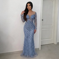 Serene Hill LA72264 Blaues Perlen-Verziertes Meerjungfrau-Abendkleid Langarm Elegante Formelle Partykleider für Damen