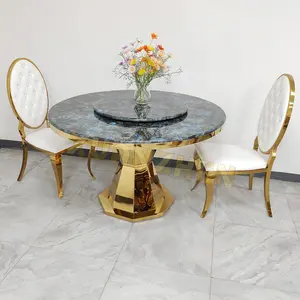 Yemek odası mobilyası altın restoran modern lüks yuvarlak mermer nehir dönen yemek masası seti yemek masaları