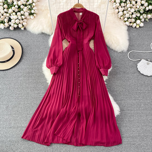 Abito plissettato con fiocco di lusso leggero con scollo A V in vita monopetto A righe elegante abito Casual di grandi dimensioni - Product Image 4