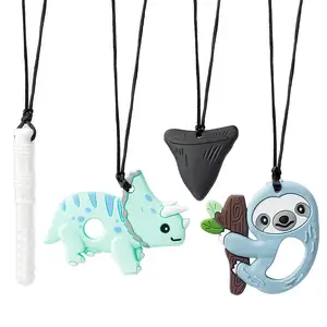 Colares de morder sensorial de silicone, 4 unidades, mordedor de silicone de grau alimentar, tubarão, roupa de dentição, mastigar, brinquedo, dinossauro