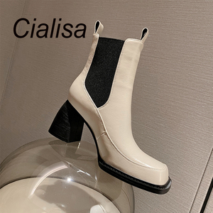 Cialisa-Botines de tacón alto de color blanco para mujer, <span class=keywords><strong>botas</strong></span> de piel auténtica, botines cortos de vino, zapatos concisos, temporada otoño invierno, 2022 - Product Image 1