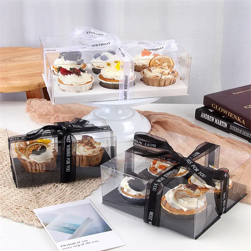 Creative Design 2 4 6 12 24 Holes Wholesaler Transparent Macaron Cajas Para Cupcakes Boxes Clear Black Cupcakes Box Packaging