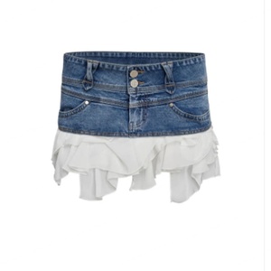 New Arrivals Women Skirt <b>White</b> <b>Chiffon</b> Ruffles Asymmetrically Hem Denim Mini Skirt Jeans Skirt for Women - Product Image 5