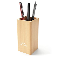 Organisateur d'accessoires de bureau Organisateur de bureau multifonctionnel en bambou Porte-stylos numérique avec affichage de la température et calendrier