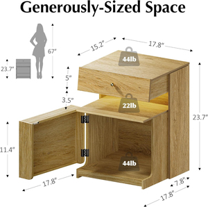 Tiered Oak Nightstand with Hidden Drawer Charging Station and LED Light, Multi-Layer <b>Storage</b> Side <b>End</b> <b>Table</b> for Small Bedrooms - Product Image 5