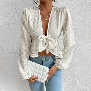 French bow sexy deep V Blouse women Solid Front Open Tie Crop Top Long Sleeve Chiffon Top Dot Waist Chiffon Short Sleeve Blouse