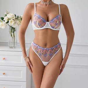 New <b>Light</b> Floral Embroidery Simple Style Transparent Fashion Sexy Embroidered <b>Push</b> up Bra Set Lingerie - Product Image 2